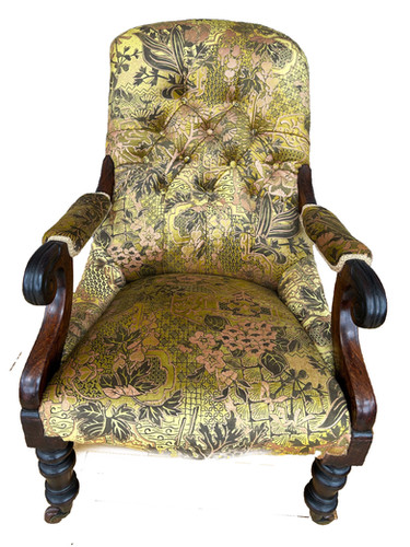 A Victorian antique lounge Chair- Elegant Carved Wood & Horsehair Upholstery