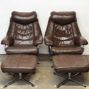 Pair of Norwegian Lounge Chairs with Footstools in Brown Leather by Skoghaus Industri, 1960s, Set of 2