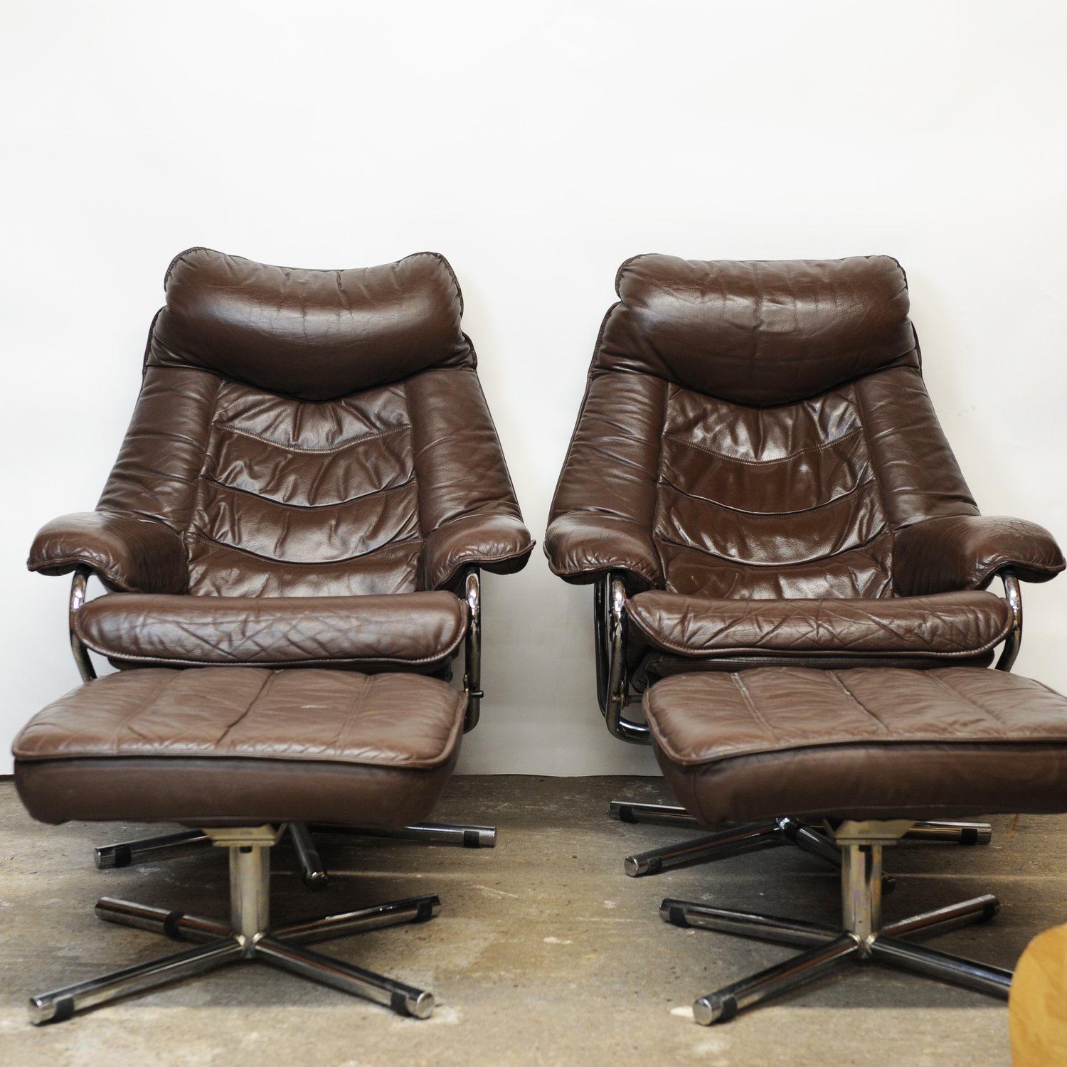 Pair of Norwegian Lounge Chairs with Footstools in Brown Leather by Skoghaus Industri, 1960s, Set of 2