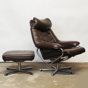 Pair of Norwegian Lounge Chairs with Footstools in Brown Leather by Skoghaus Industri, 1960s, Set of 2