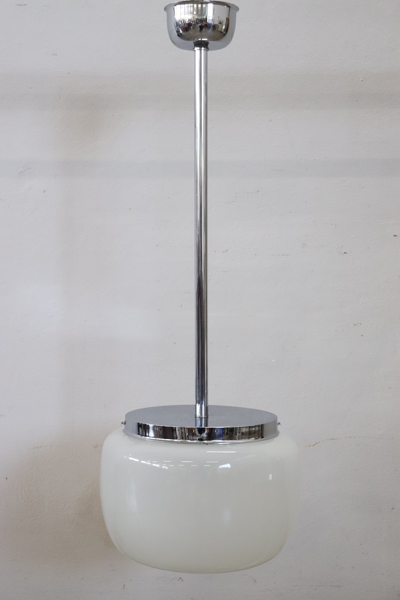 Opaline Glass and Chrome Pendant Light, 1960s