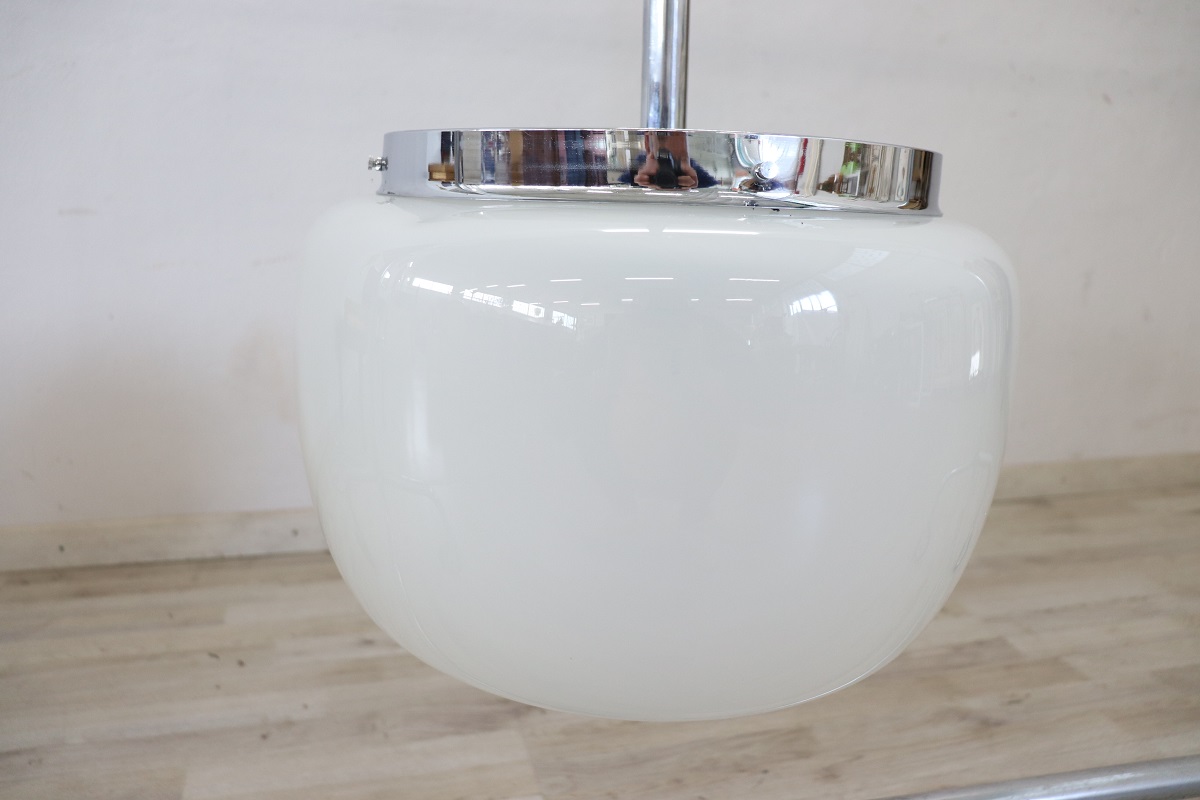 Opaline Glass and Chrome Pendant Light, 1960s