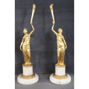 Sculptural Figures, Gilt Bronze On Alabaster Bases, Early 20th Century, Set Of 2