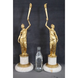 Sculptural Figures, Gilt Bronze On Alabaster Bases, Early 20th Century, Set Of 2