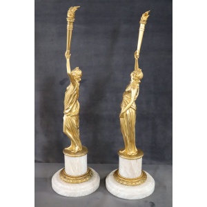 Sculptural Figures, Gilt Bronze On Alabaster Bases, Early 20th Century, Set Of 2
