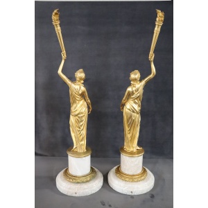 Sculptural Figures, Gilt Bronze On Alabaster Bases, Early 20th Century, Set Of 2