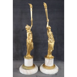 Sculptural Figures, Gilt Bronze On Alabaster Bases, Early 20th Century, Set Of 2
