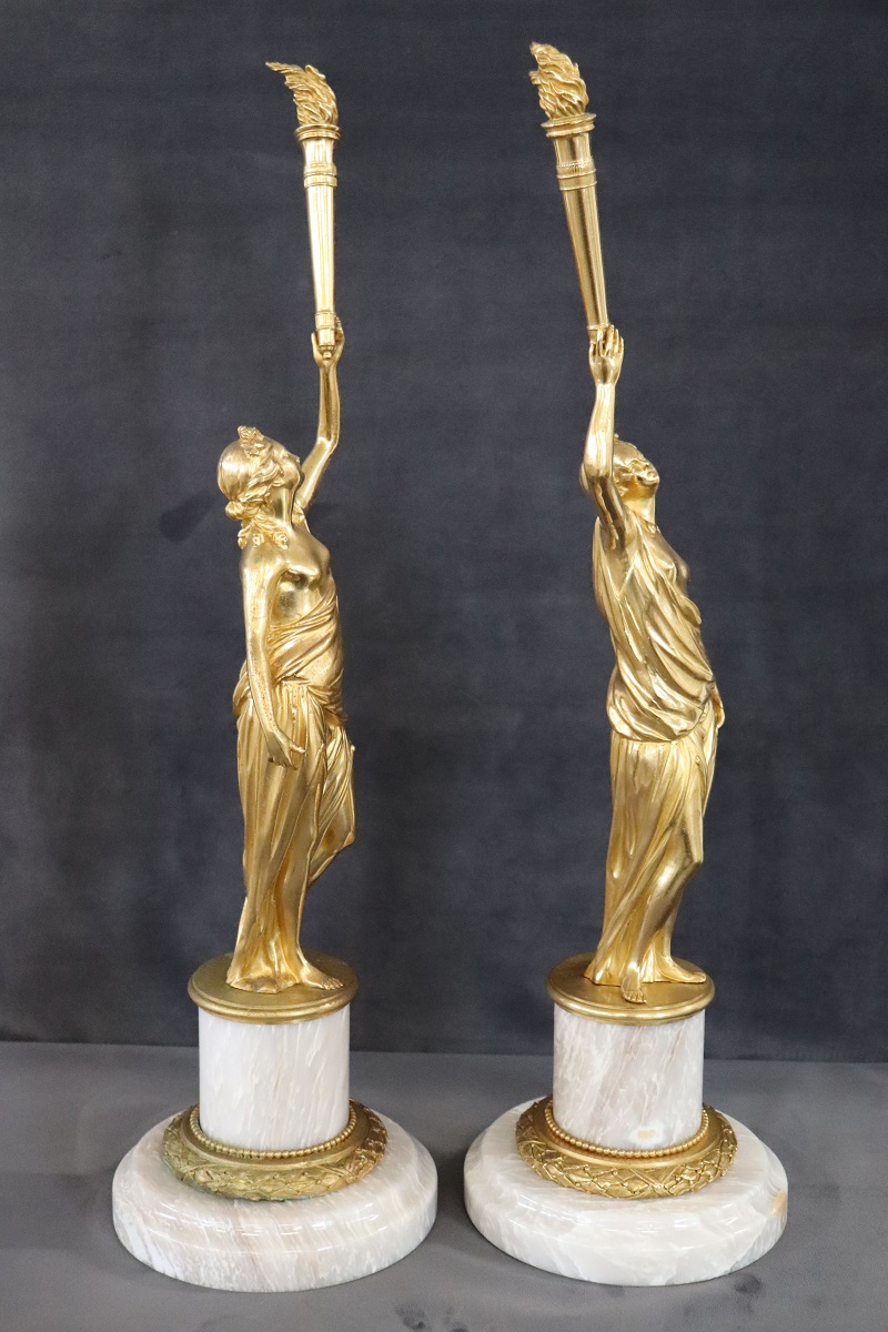 Sculptural Figures, Gilt Bronze On Alabaster Bases, Early 20th Century, Set Of 2