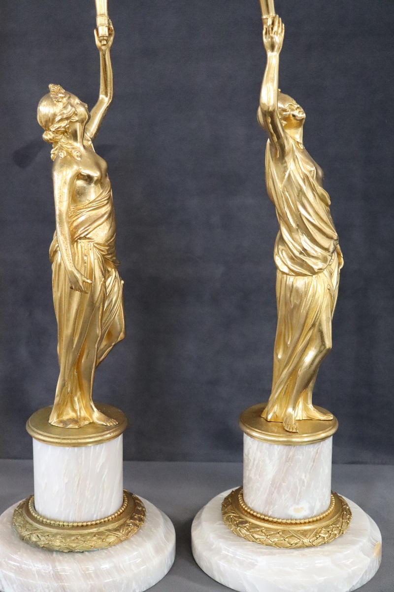 Sculptural Figures, Gilt Bronze On Alabaster Bases, Early 20th Century, Set Of 2