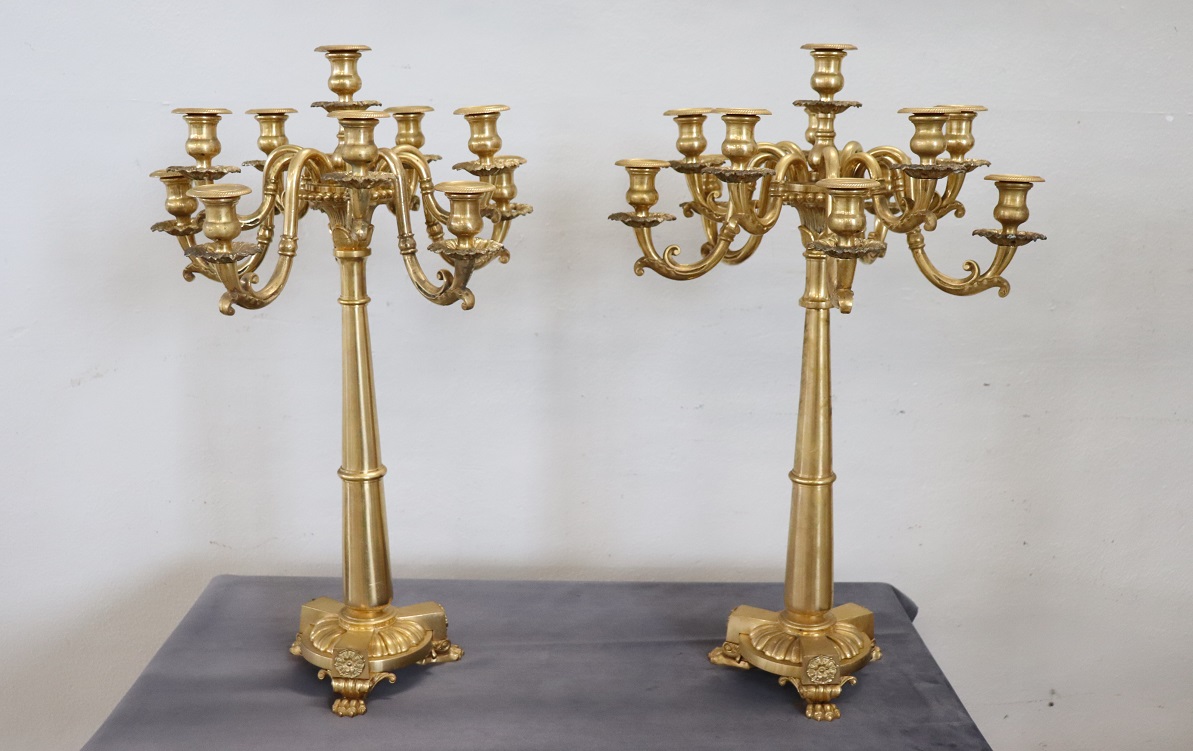 Antique Gilt Bronze Candelabras with 11 Lights, Late 19th Century, Set of 2