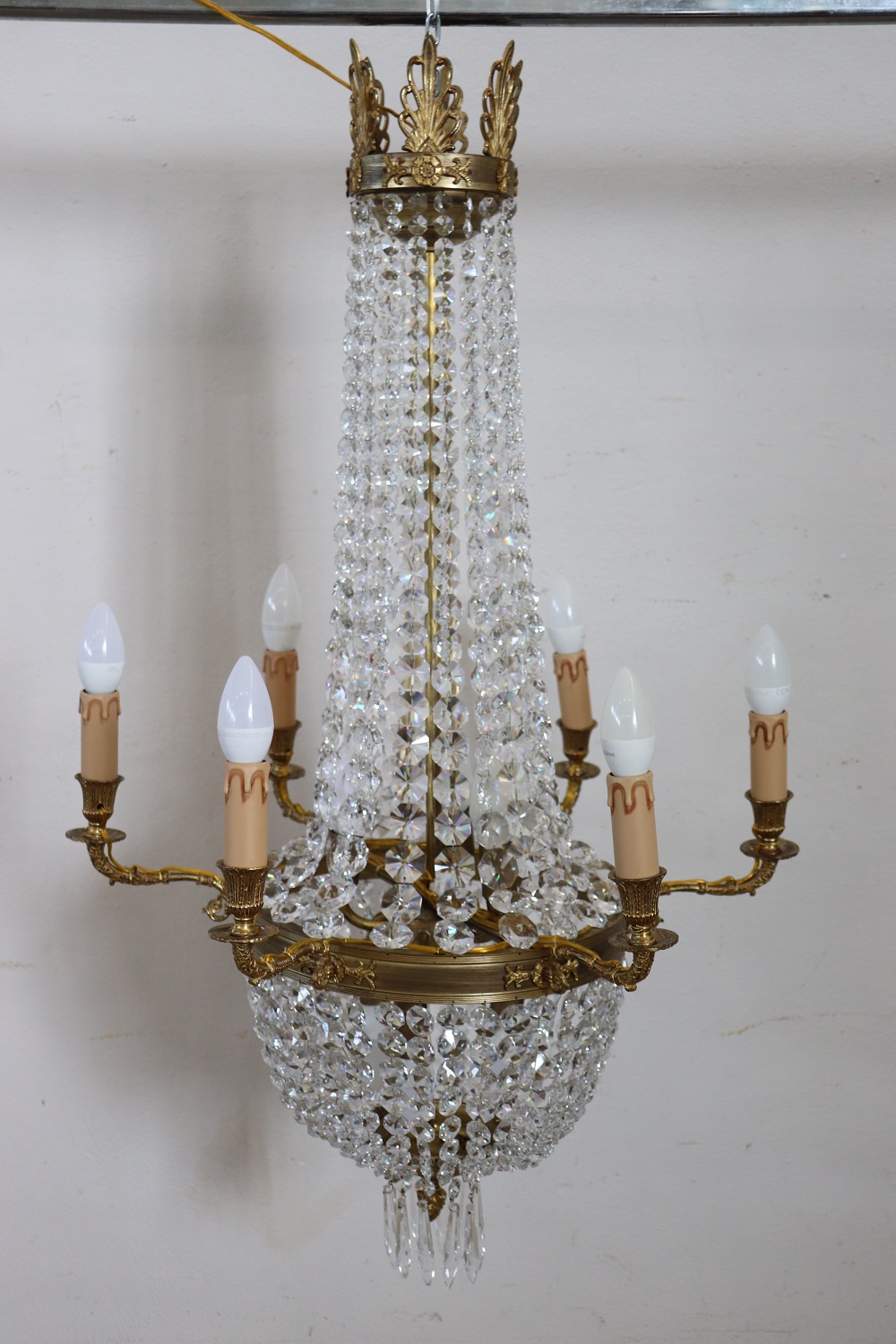 Gilded Bronze And Crystal Antique Chandelier With 10 Bulbs, Late 19th Century