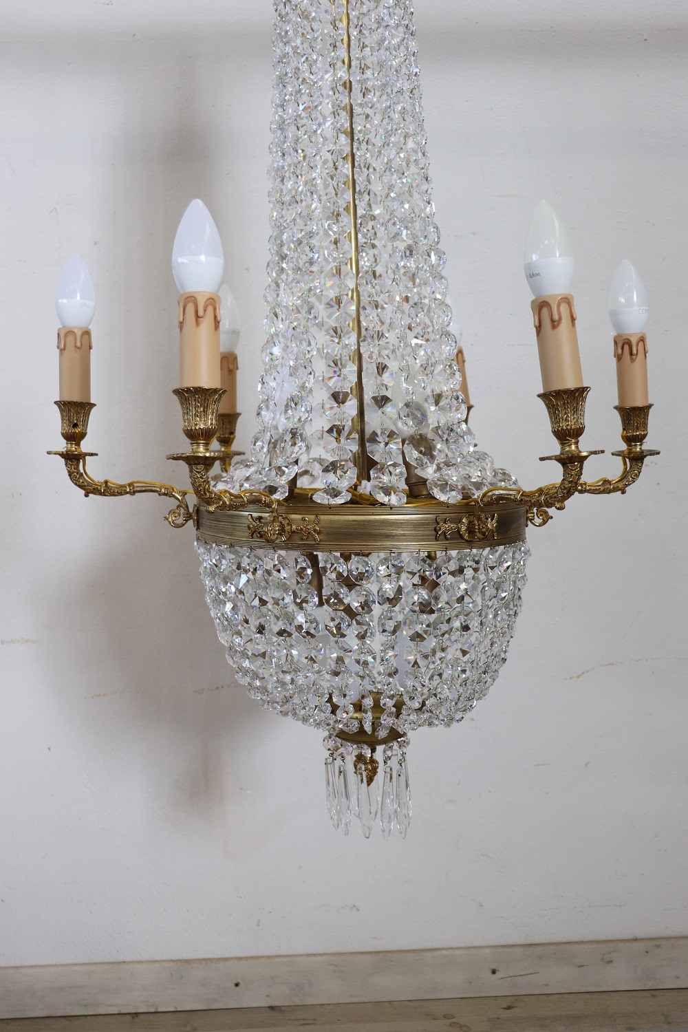 Gilded Bronze And Crystal Antique Chandelier With 10 Bulbs, Late 19th Century