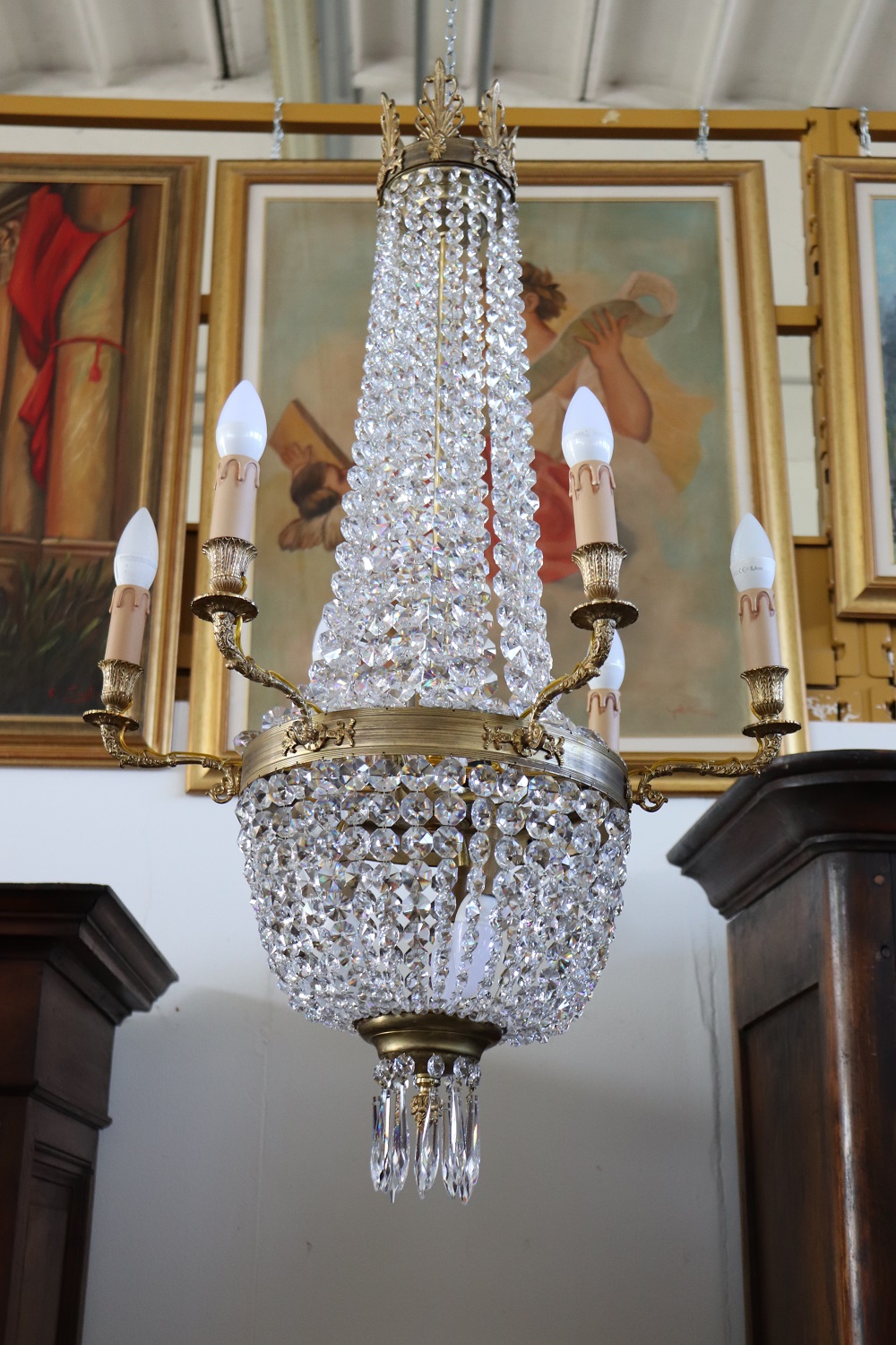 Gilded Bronze And Crystal Antique Chandelier With 10 Bulbs, Late 19th Century