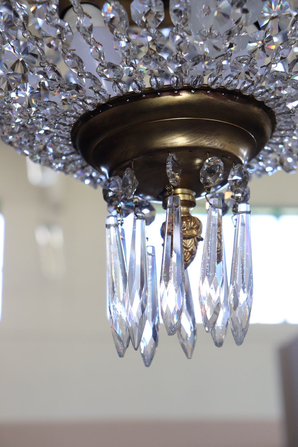 Gilded Bronze And Crystal Antique Chandelier With 10 Bulbs, Late 19th Century