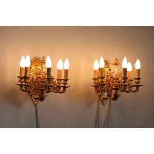 Sconces in Gilded Bronze with Five Bulbs Each, Set of 2