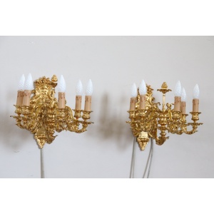 Sconces in Gilded Bronze with Five Bulbs Each, Set of 2