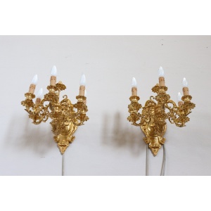 Sconces in Gilded Bronze with Five Bulbs Each, Set of 2