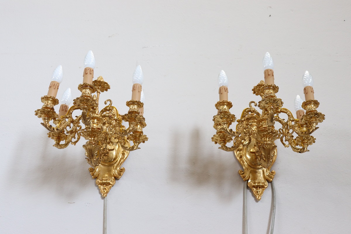 Sconces in Gilded Bronze with Five Bulbs Each, Set of 2