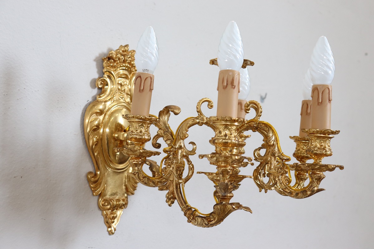 Sconces in Gilded Bronze with Five Bulbs Each, Set of 2