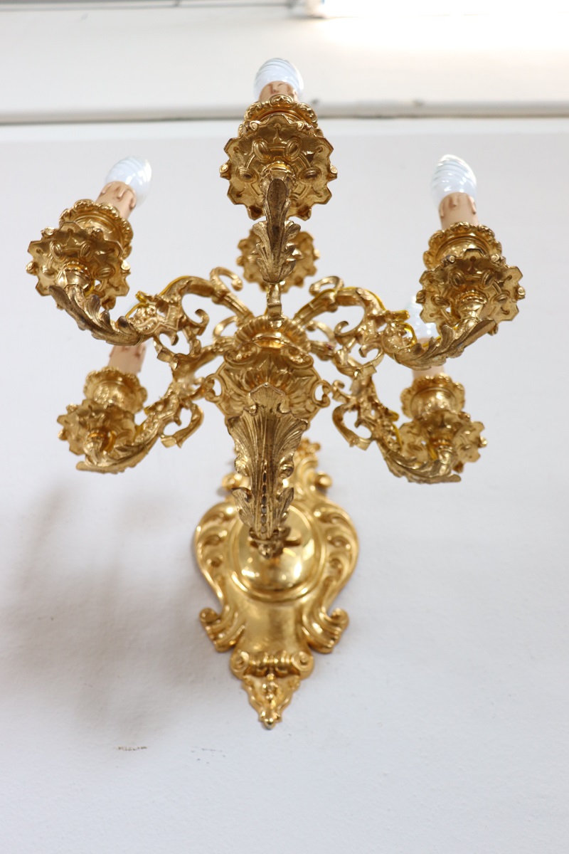 Sconces in Gilded Bronze with Five Bulbs Each, Set of 2
