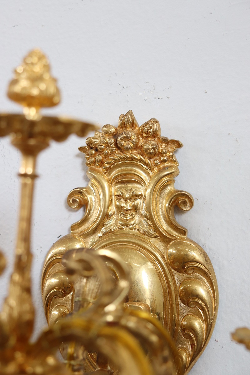 Sconces in Gilded Bronze with Five Bulbs Each, Set of 2