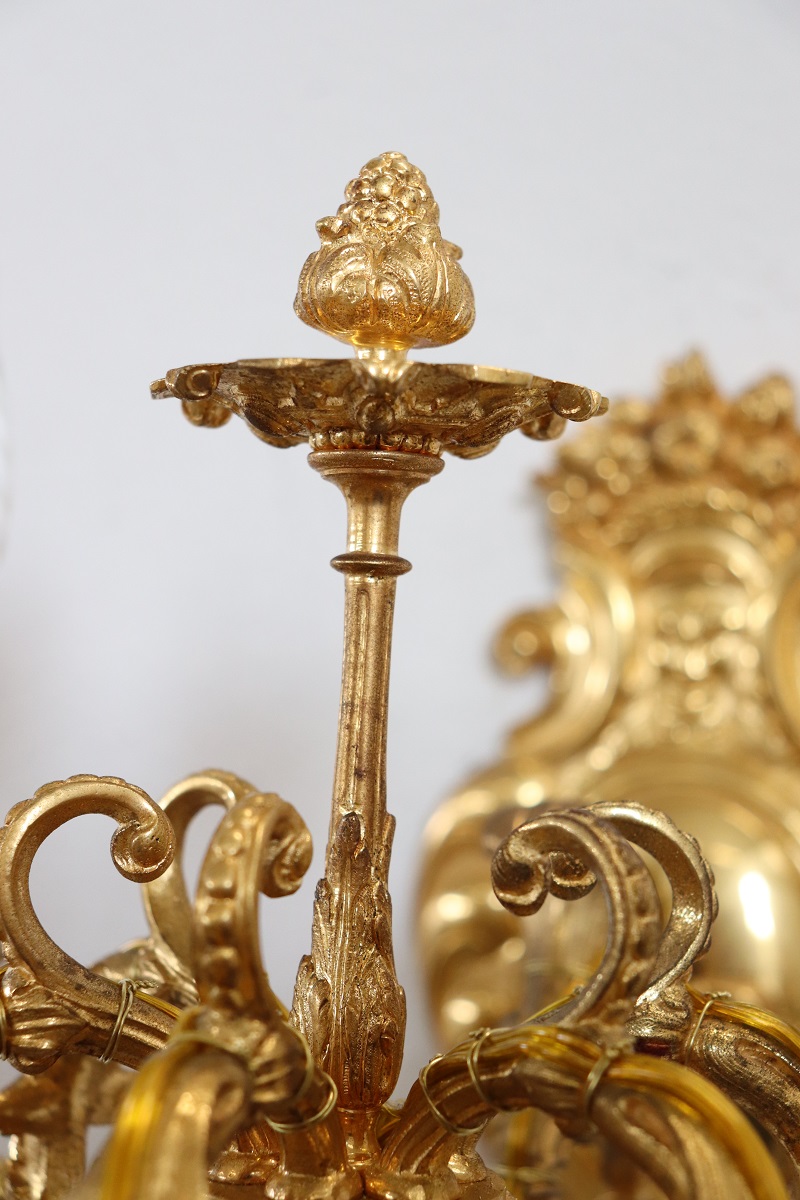 Sconces in Gilded Bronze with Five Bulbs Each, Set of 2