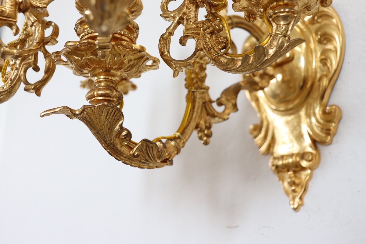 Sconces in Gilded Bronze with Five Bulbs Each, Set of 2
