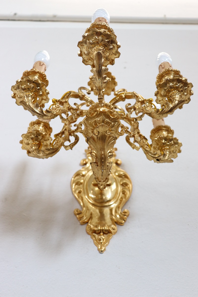 Sconces in Gilded Bronze with Five Bulbs Each, Set of 2