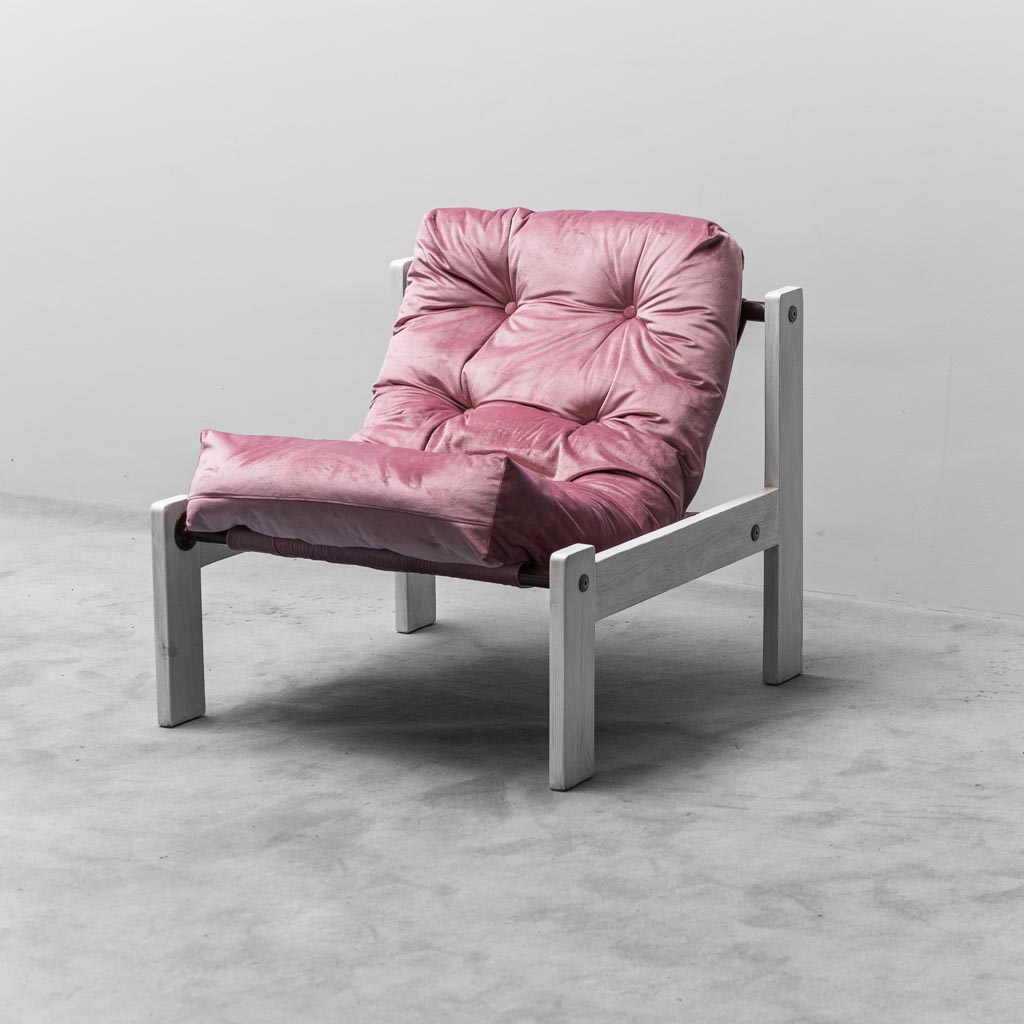 Vintage Armchair In Pink Velvet White Wood 1970s Modern Style