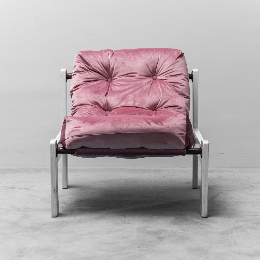 Vintage Armchair In Pink Velvet White Wood 1970s Modern Style