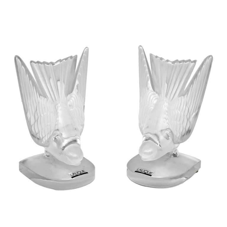 Pair of Art Decò Crystal Swallows Bookends by Lalique "Hirondelles" France 1980s