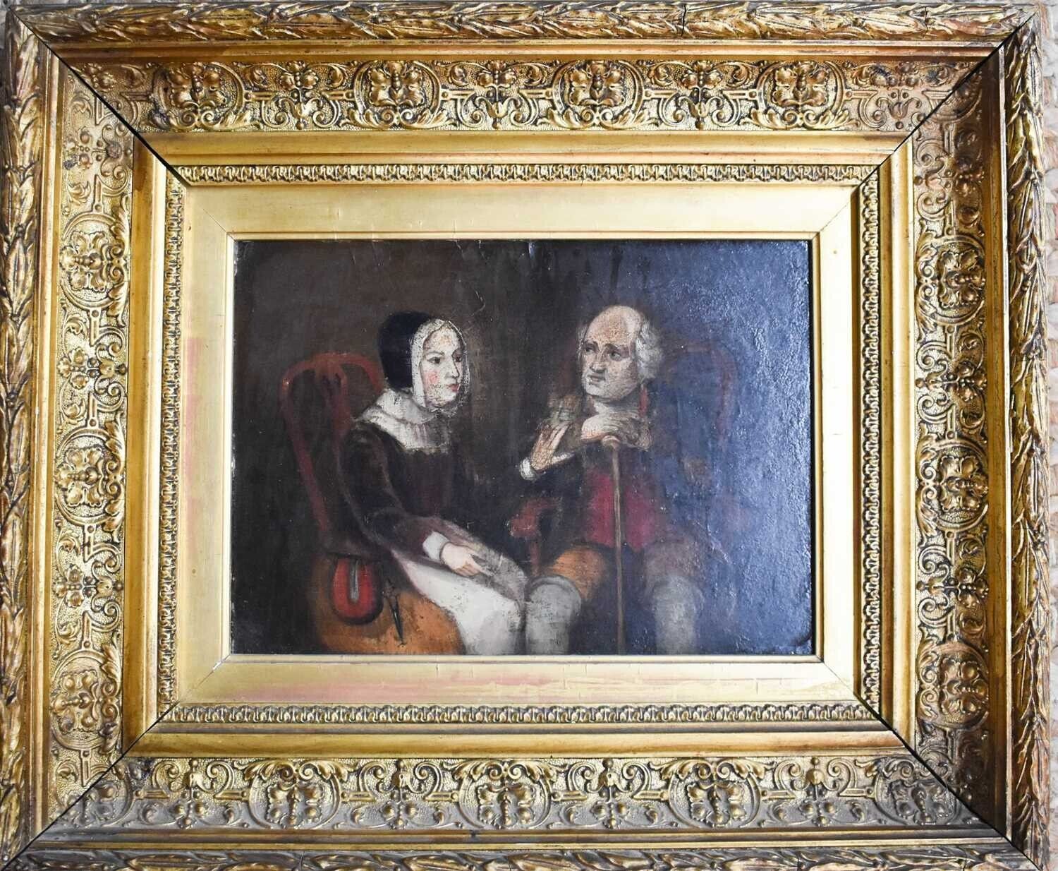 Antique 18th Century Oil On Panel Gentleman And His Lady Wife