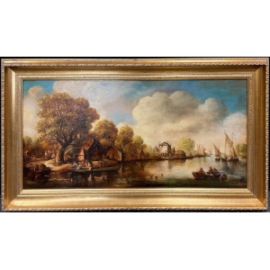 Antique 19th Century Dutch School Oil On Canvas Gilt Frame 81 x 41 cm