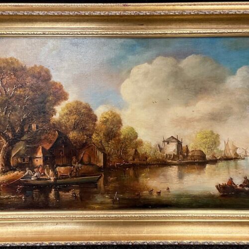 Antique 19th Century Dutch School Oil On Canvas Gilt Frame 81 x 41 cm
