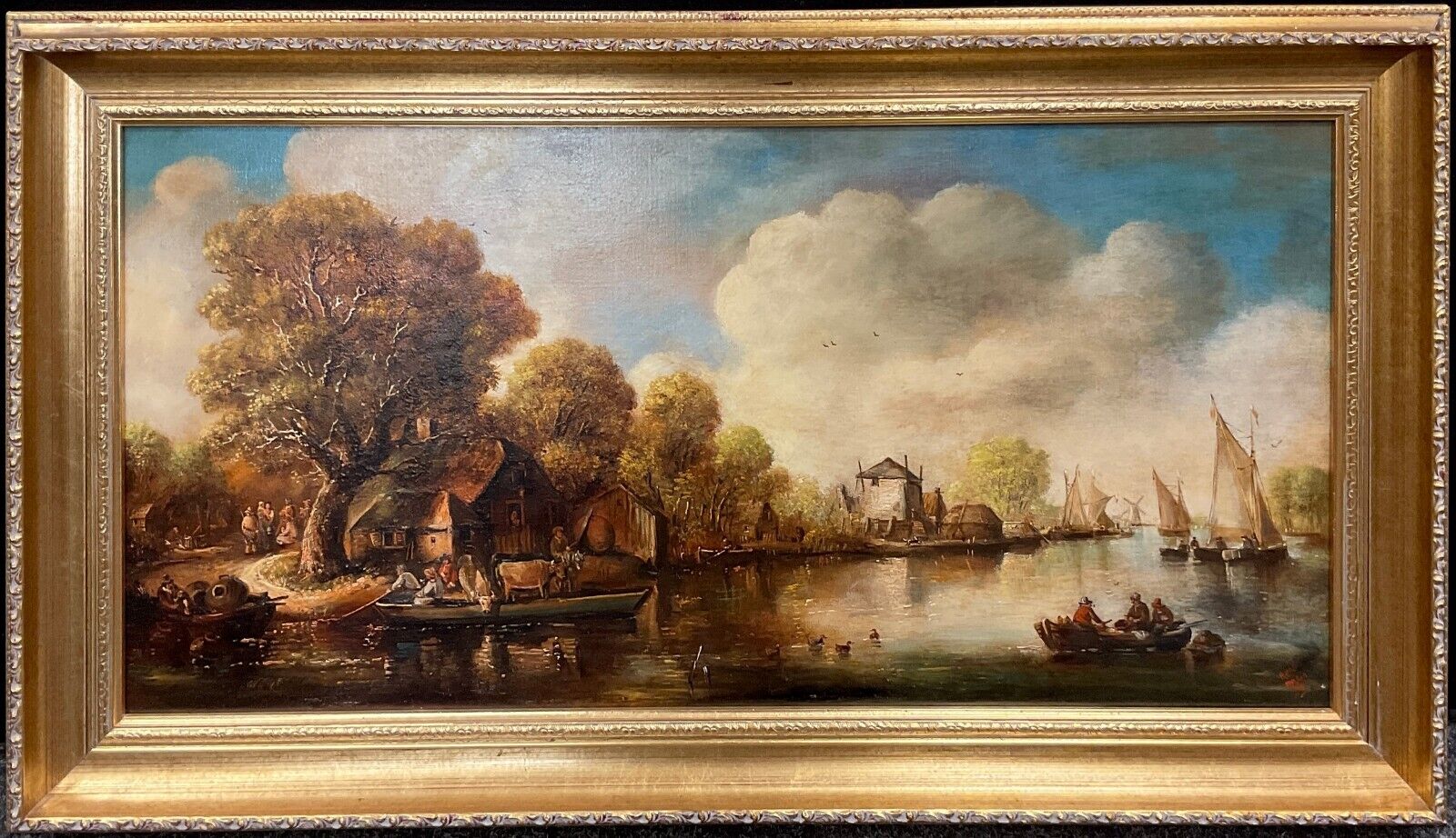 Antique 19th Century Dutch School Oil On Canvas Gilt Frame 81 x 41 cm