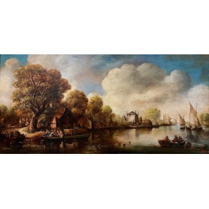 Antique 19th Century Dutch School Oil On Canvas Gilt Frame 81 x 41 cm