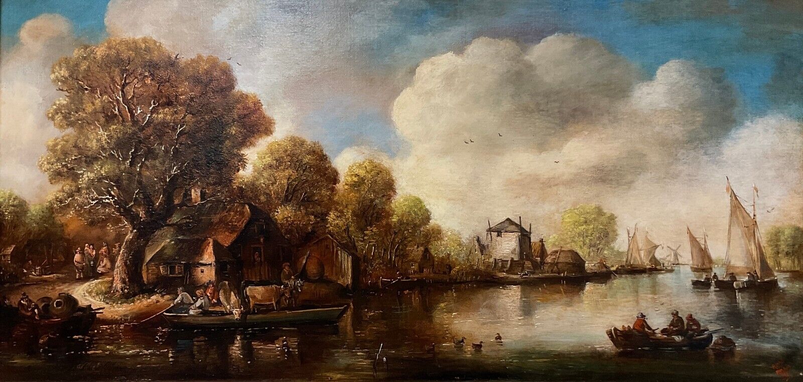 Antique 19th Century Dutch School Oil On Canvas Gilt Frame 81 x 41 cm