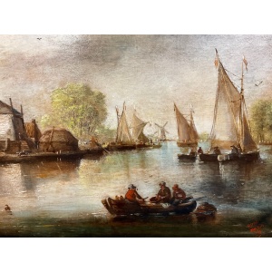 Antique 19th Century Dutch School Oil On Canvas Gilt Frame 81 x 41 cm