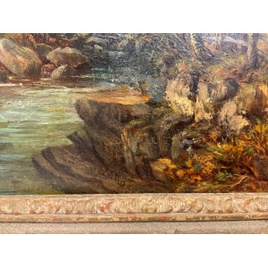 Antique 19th Century English School Oil on Canvas River Scene Signed