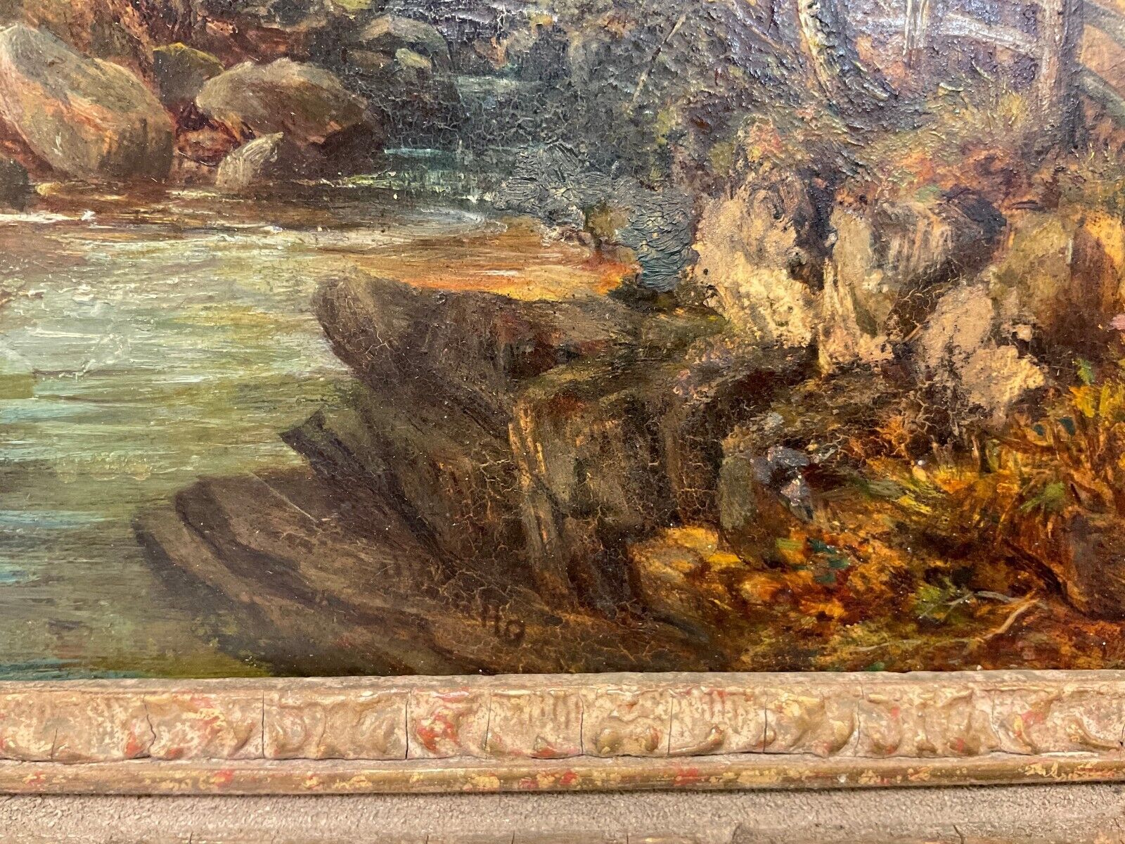 Antique 19th Century English School Oil on Canvas River Scene Signed