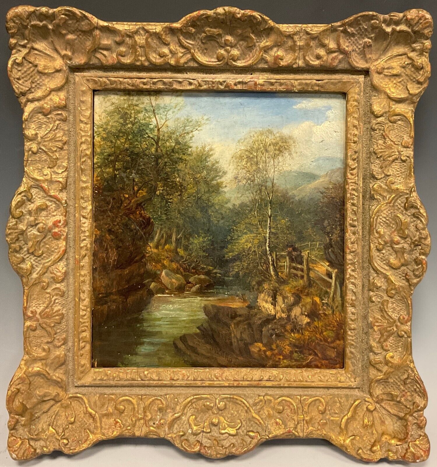 Antique 19th Century English School Oil on Canvas River Scene Signed