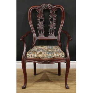 Antique Anglo Indian Carved Open Armchair Circa 1850