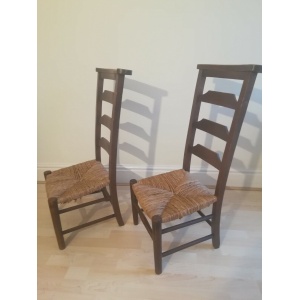 Antique Victorian School room Chairs Pair Oak Wicker Seats ladder back