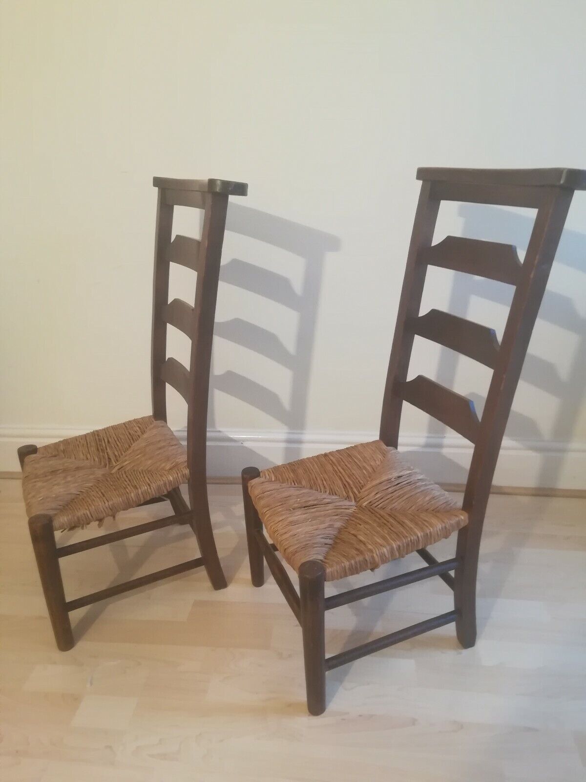 Antique Victorian School room Chairs Pair Oak Wicker Seats ladder back