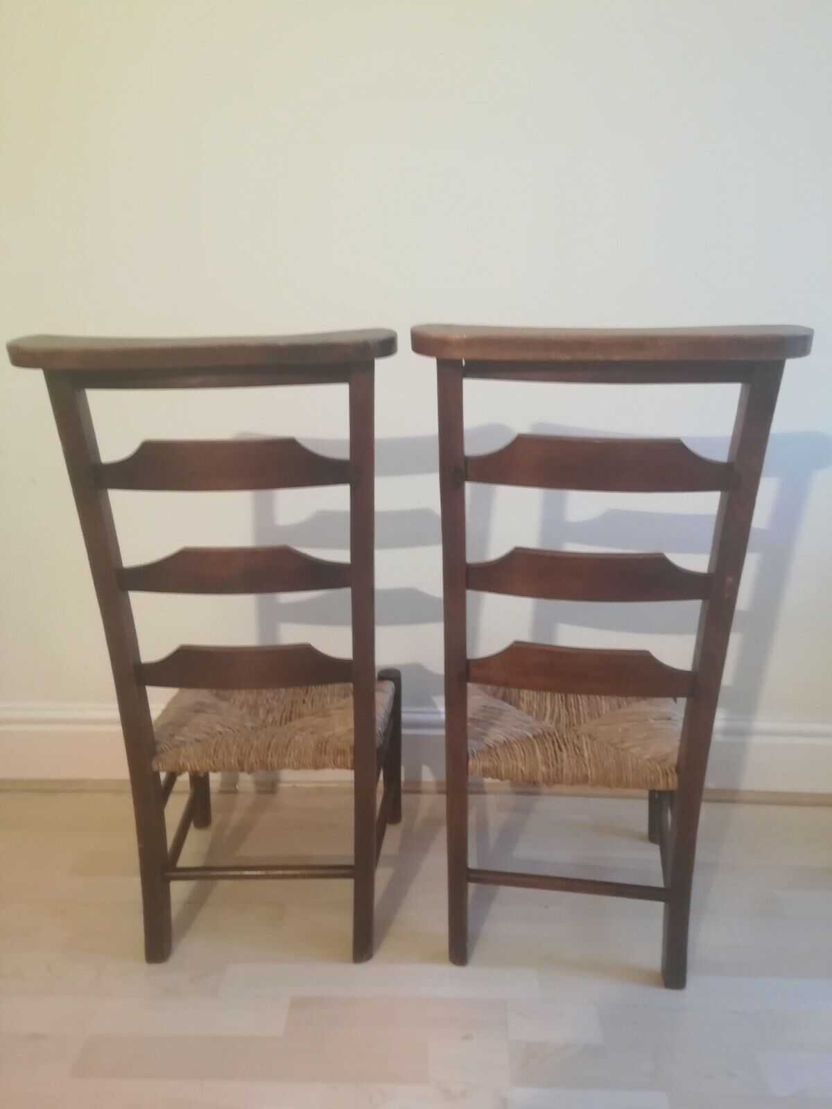 Antique Victorian School room Chairs Pair Oak Wicker Seats ladder back