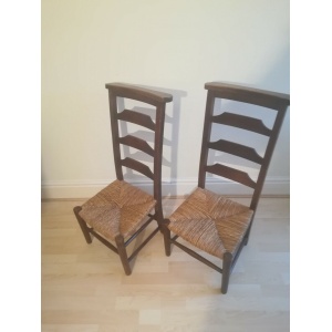 Antique Victorian School room Chairs Pair Oak Wicker Seats ladder back