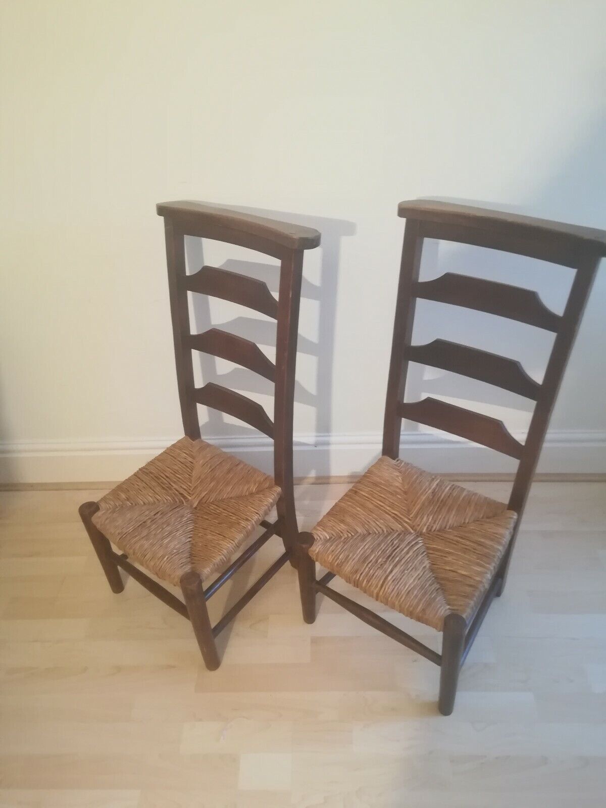 Antique Victorian School room Chairs Pair Oak Wicker Seats ladder back