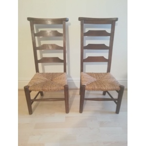 Antique Victorian School room Chairs Pair Oak Wicker Seats ladder back