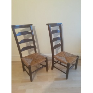 Antique Victorian School room Chairs Pair Oak Wicker Seats ladder back