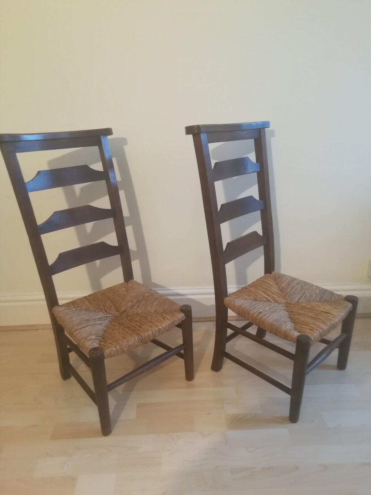 Antique Victorian School room Chairs Pair Oak Wicker Seats ladder back